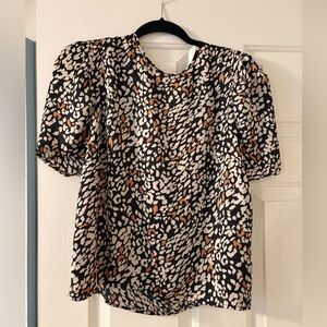 Lucy Paris Black Puff Short Sleeve Top with Cream & Brown Spot Print